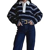 Women Striped Polo Shirts Long Sleeve Collared V Neck Rugby Shirt Oversized Color Block Pullover Sweatshirt Top
