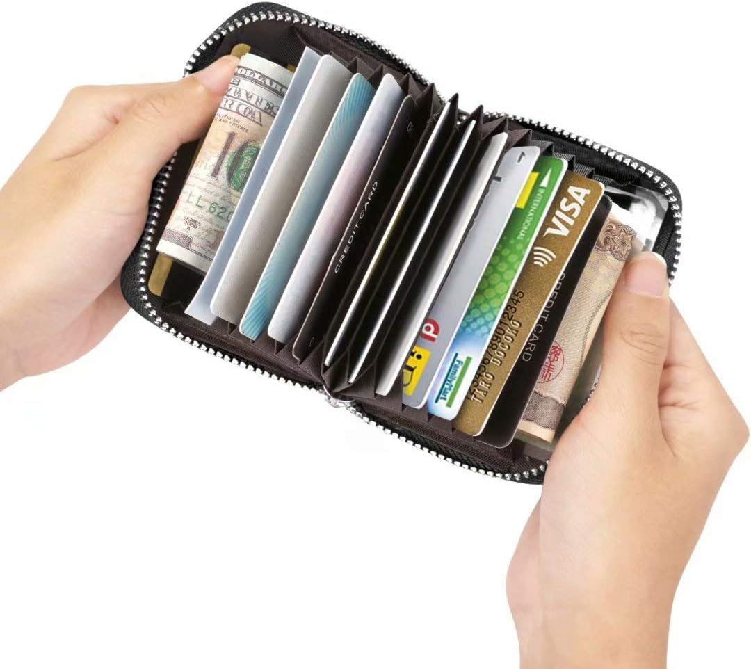 Credit Card Holder Small RFID Blocking Ladies Wallet with Stainless Steel Zipper Excellent Genuine Leather Accordion Wallets Case for Mens and Womens id Compact Slim Blocked Zip Accordian Cards Black - Image 4