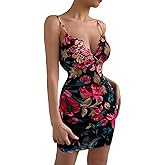 QIANZHIDU Women's Floral V Neck Spaghetti Strap Sleeveless Nightgown Nightdress