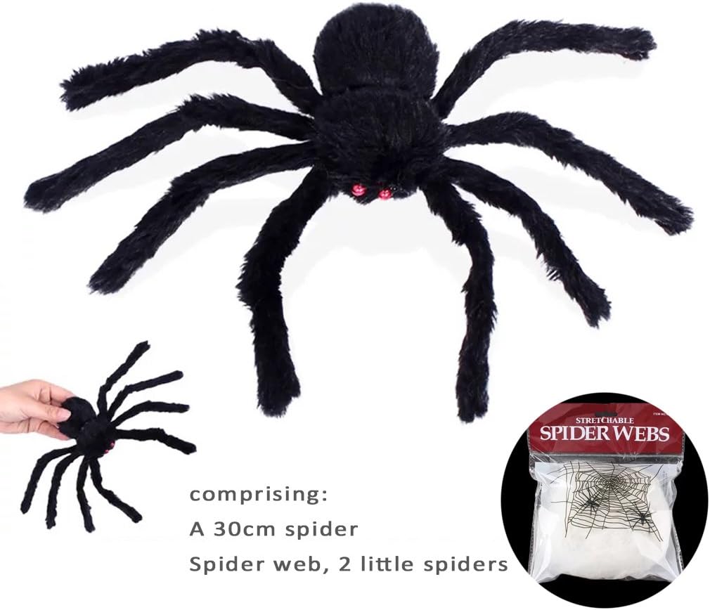 si ying Simulation Fluffy Spider, Haunted House Props, 30cm Spider Toys for Children, Prank, Prop, Gardens, Party Favors, Halloween & Decorations ( Black )