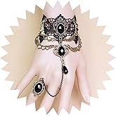 TseanYi Gothic Lace Ring Bracelet Black Crystal Dangle Slave Bracelet Vintage Heart Wing Slave Finger Ring Bracelet Lace Jewelry (Black)