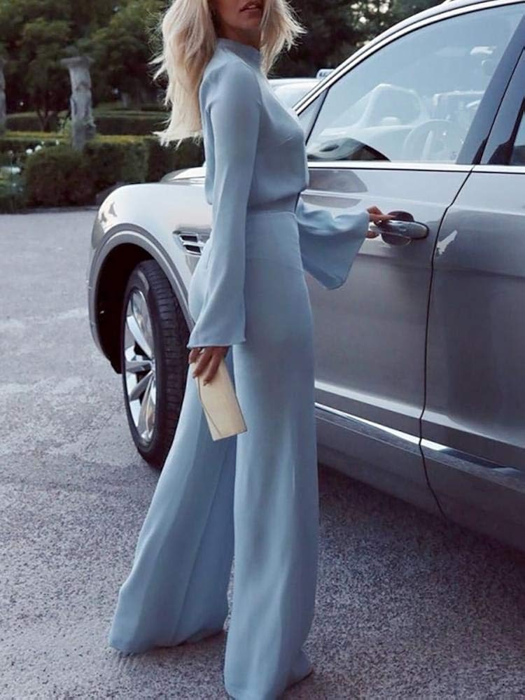 high neck bell sleeve wide leg jumpsuit with belt