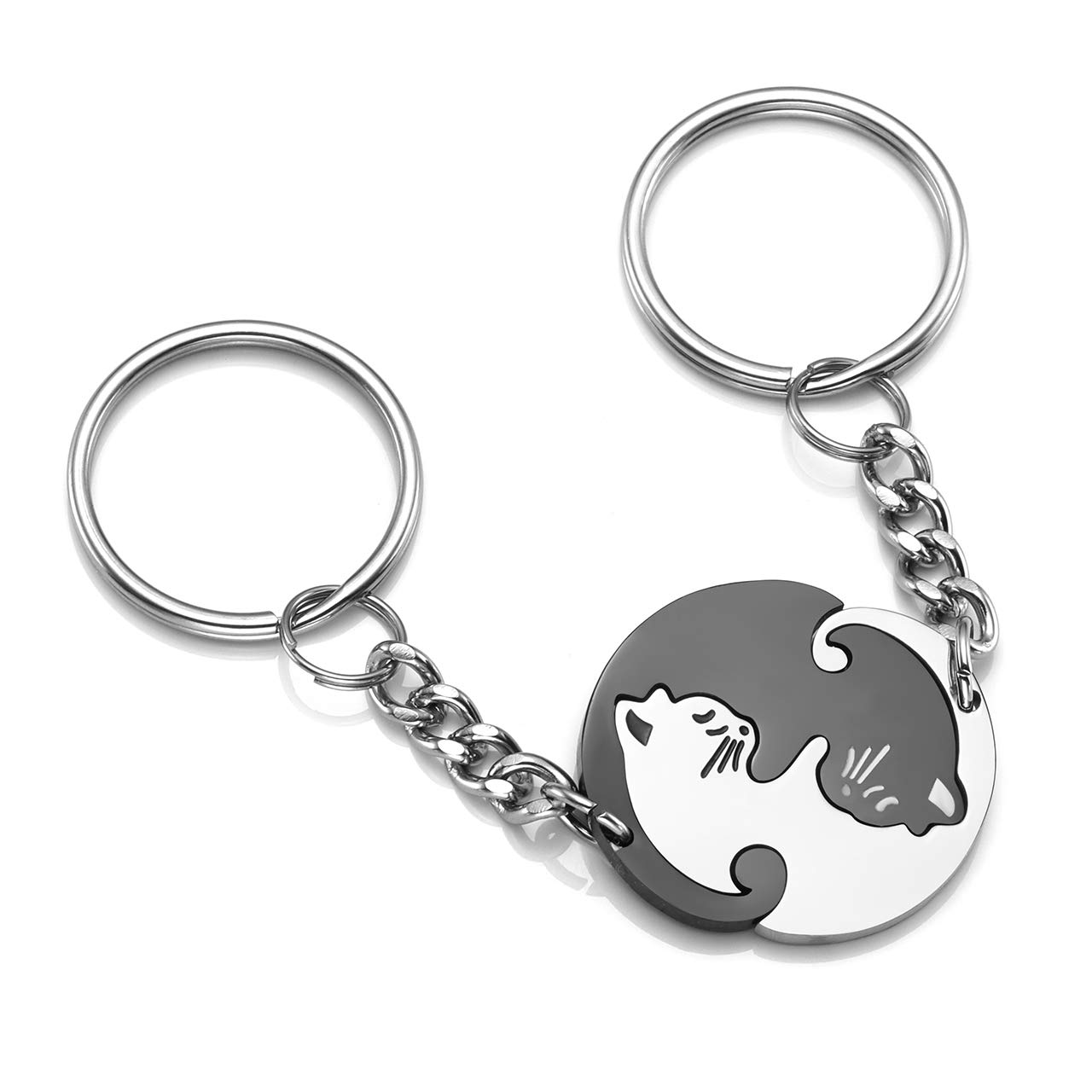 PiercingJ pairs of key gob set, pack of 2. Stainless steel Puzzle Partner cat key chain, key ring for men, women, silver, black, gold.
