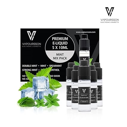 VAPOURSSON 5 X 10ml E-Liquid Minze Mix, 0mg (Ohne Nikotin) Minze | Menthol | Doublemint | Strongmint | Spearmint | Neue super