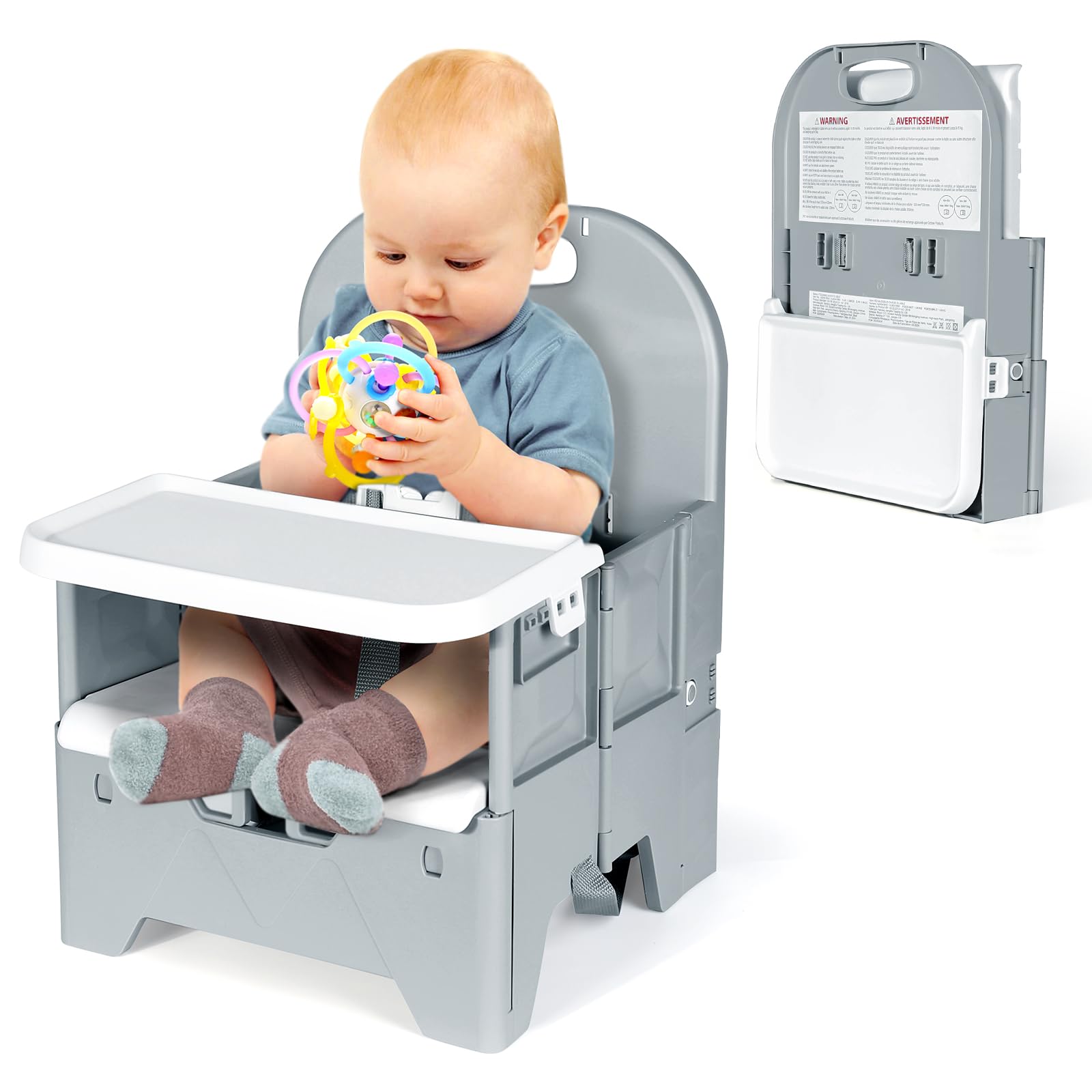 Photo 1 of Orzbow Foldable Booster Seat with Tray, Portable High Chair for Travel Toddlers 6-36 Months, Baby Chair for Dining Table, Camping, Beach, Portable Booster Chair, Up to 33 lbs Baby, Grey