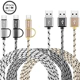 Miger (3Pack) 6.5Feet 2-in-1 Duo Cable, Micro B to Type A Data & Charging USB Cable with Type C Adapter for Devices with Type C USB or Micro USB Port (Gold+Gray+Silver)