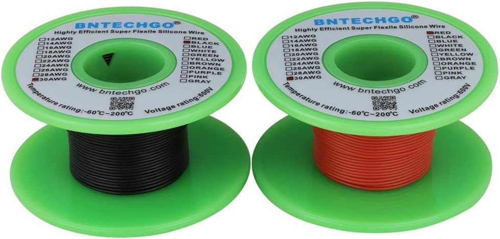 BNTECHGO 30 Gauge Silicone Wire Spool 200 ft Ultra Flexible High Temp 200 deg C 600V 30 AWG Silicone Wire 11 Strands of Tinned Copper Wire 100 ft Black and 100 ft Red Stranded Wire for Model Battery