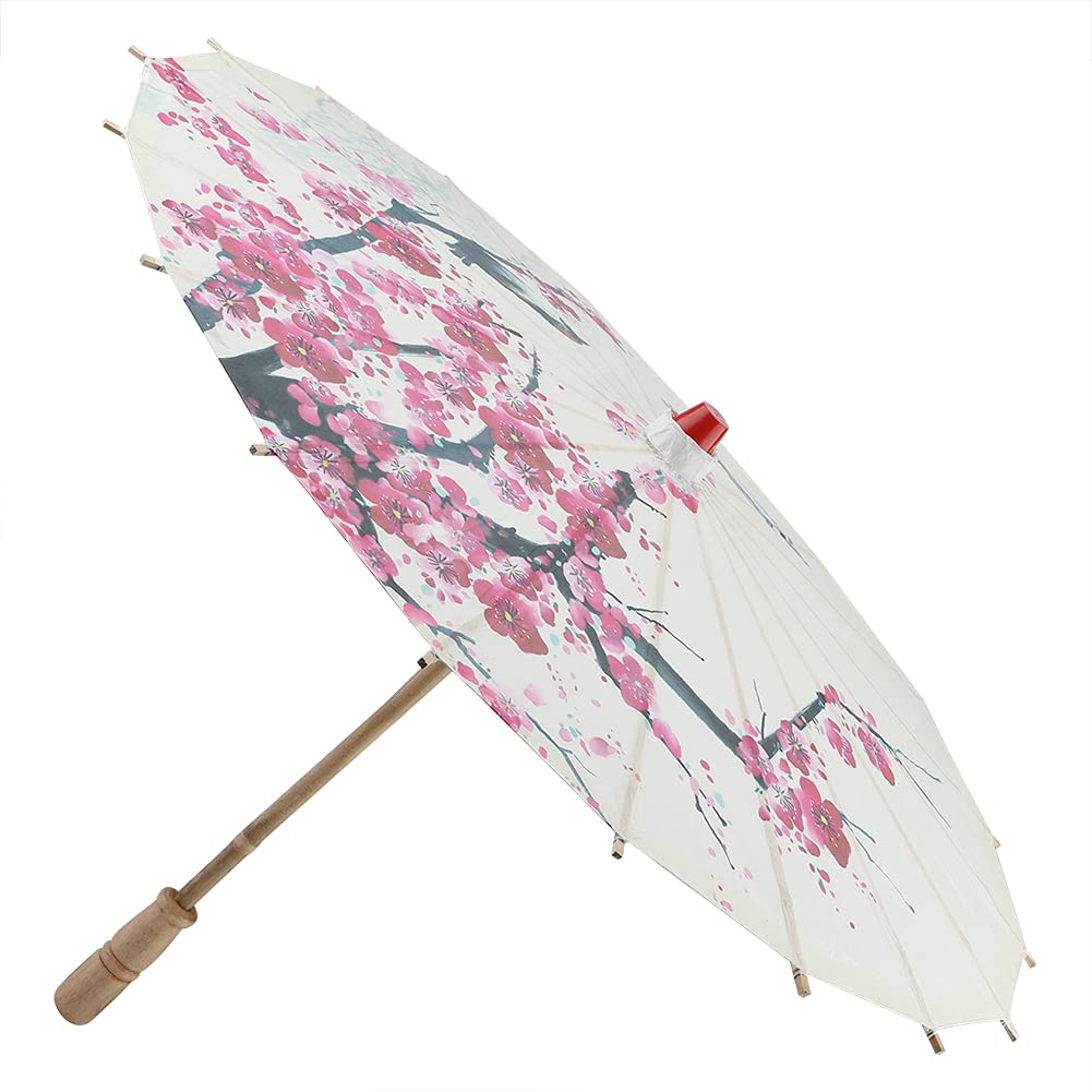 Smandy Traditional Handmade Oil Paper Umbrella for Dancing Props, Retractable Classical Rainproof Parasol with Plum Blossoms Painting and Wooden Handle