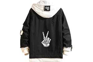Lpstop Peace Sign Skeleton Print Denim Jacket Skull Hoodie Y2K Lightweight Jacket for Teen Adult
