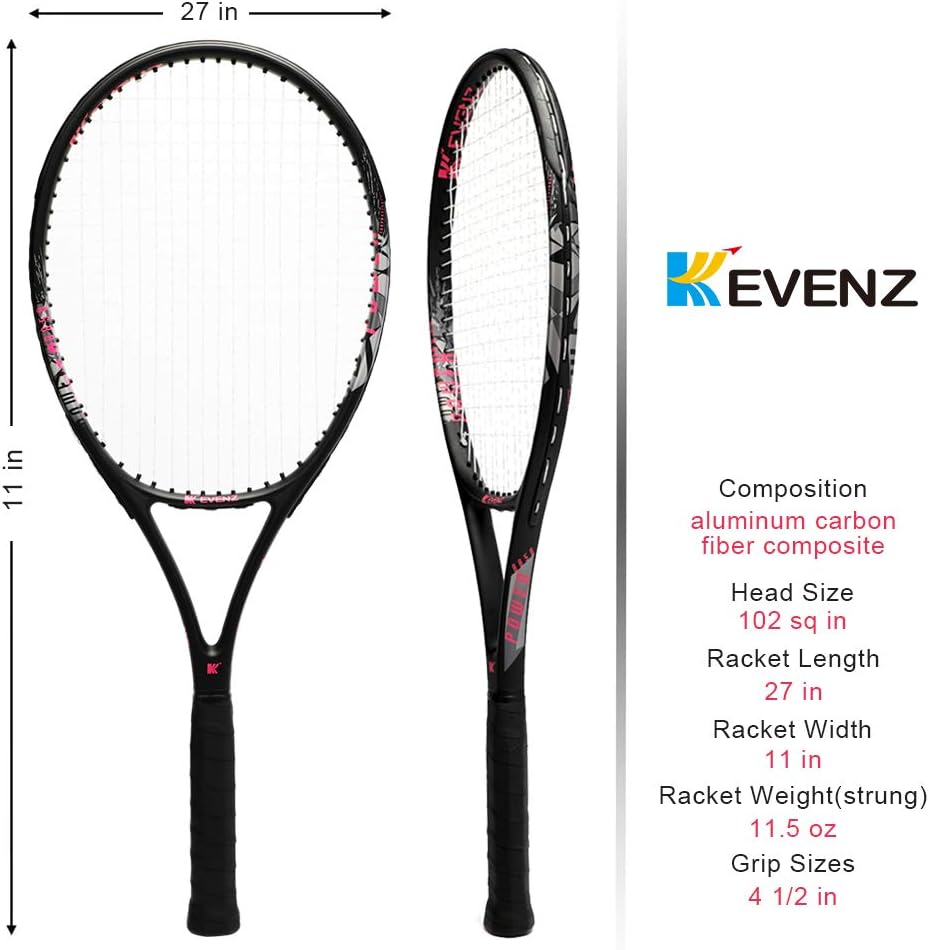 KEVENZ Adult Carbon Fiber Tennis Racket, Super Light Racquets, 4-1/2 inch Good Control Grip Strung, Include Tennis Bag Tennis Overgrip (Black) : Sports & Outdoors