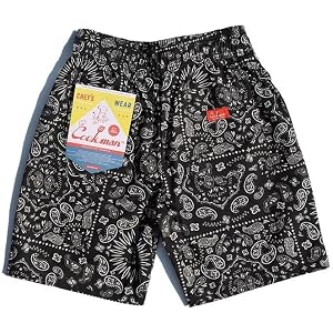 COOKMAN Chef Short Pants - Paisley : Black, Relaxed Fit Kitchen & Street Use, Adjustable Drawstring Waist :