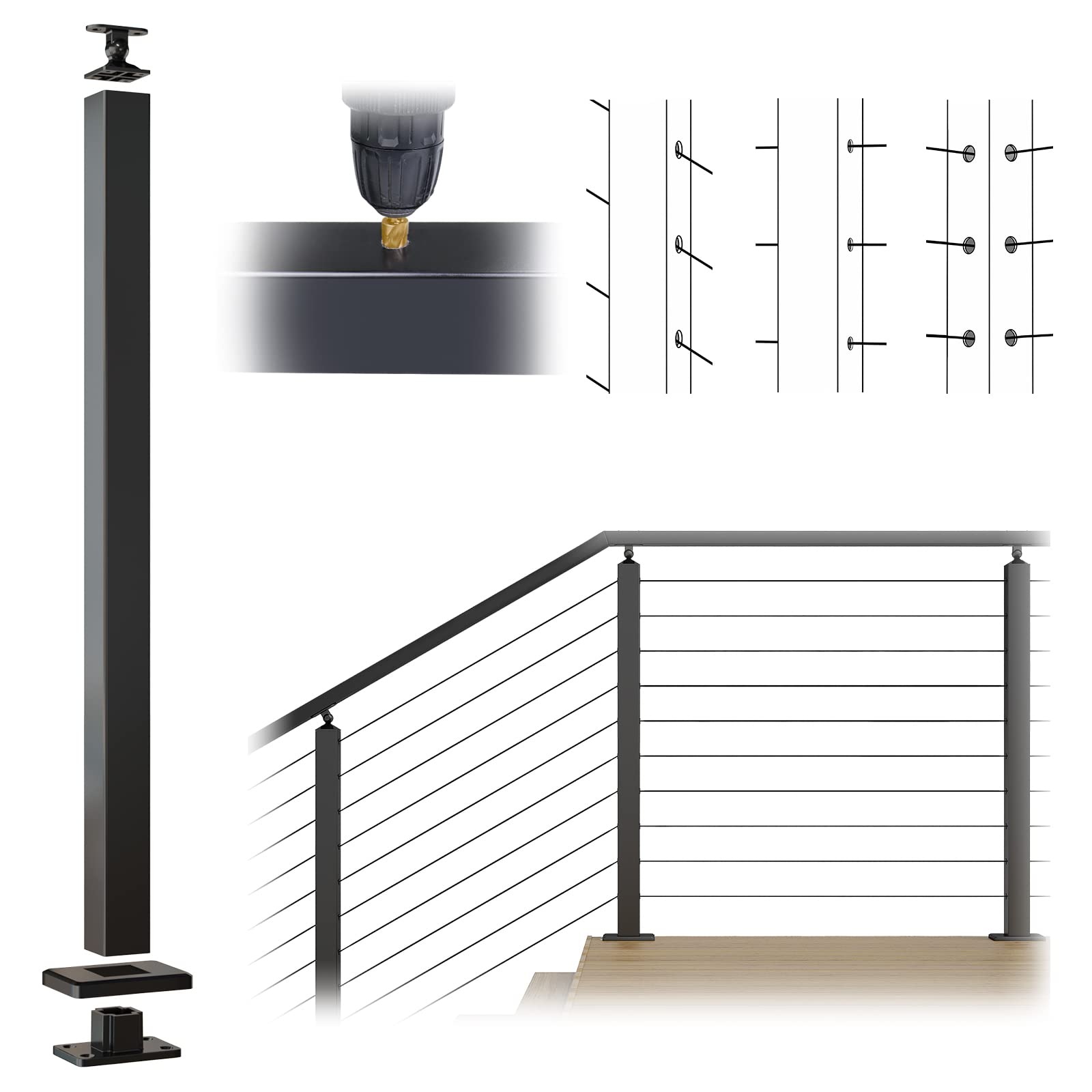 Photo 1 of Muzata Aluminum Black Cable Railing Post 36 Inch 36"X2"x2" Undrilled Surface Mount Cable Railing System Kit Indoor Outdoor Seaside with Paper User Guide PD01 BNAS