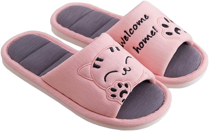 Women's Cute Cat Sweet Love Soft Indoor Slippers Open Toe Cotton Slip on Home Shoes House Couple Slippers