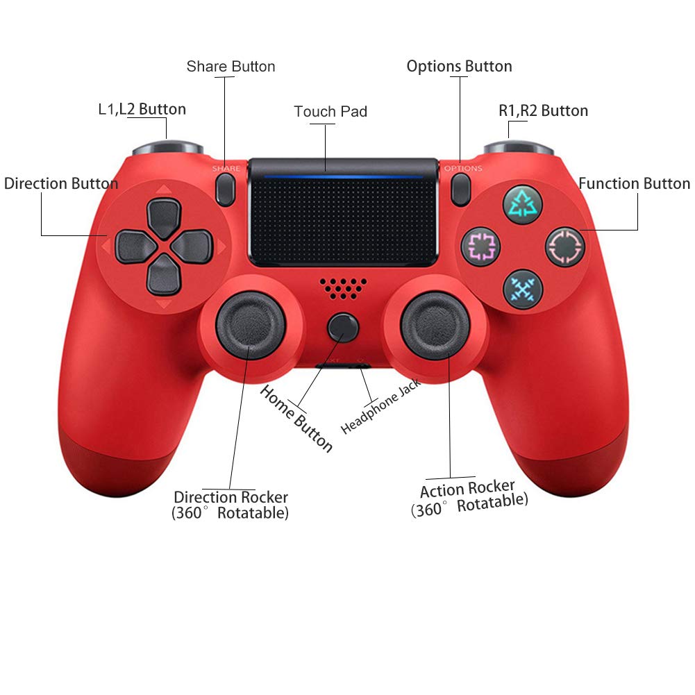 YZmoffer Wireless Controller Bluetooth Gamepad for Dual Shock, Remote for PS4 Controller Joystick Gamepads for Playstation 4 Console for Playstation 4 Wireless with USB Cable for Playstation 4 (Red)