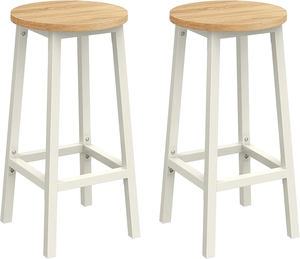 VASAGLE Bar Stool Set of 2 Kitchen Chair High Seat with Footrest Beige White