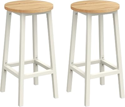 VASAGLE Bar Stool Set of 2 Kitchen Chair High Seat with Footrest Beige White