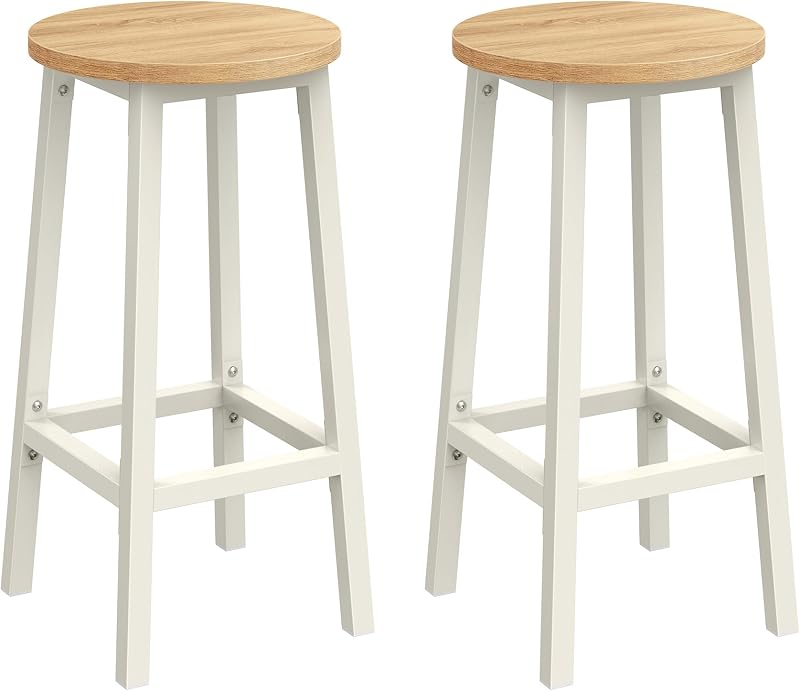 VASAGLE Bar Stool Set of 2 Kitchen Chair High Seat with Footrest Beige White