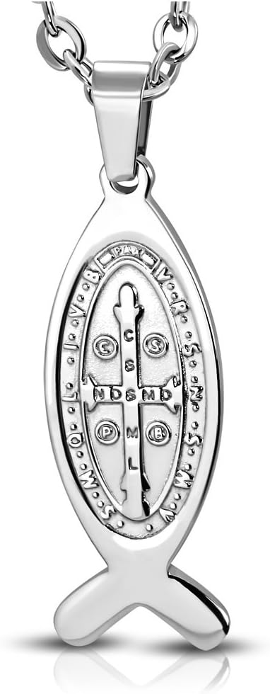 Stainless Steel 2-side Cross The Medal of San Benito St. Benedict Ichthus Fish Christian Religious Pendant