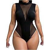 OYOANGLE Women's Plus Size See Through Mesh Insert Bodysuit Sleeveless Mock Neck Leotard Tops