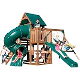 Swing-N-Slide WS 8359 Tellico Terrace Wood Swing Set with Two Slides, Climbing Wall &amp; Swings, Brown