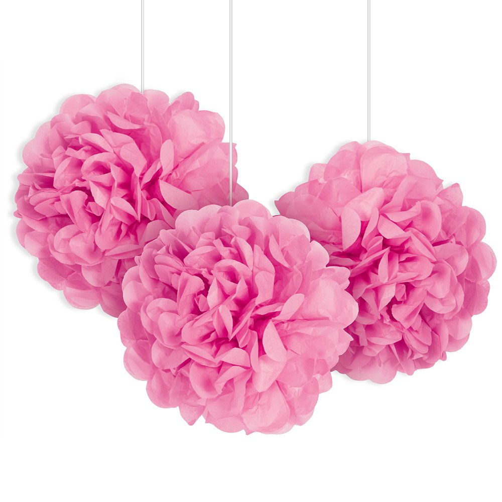 Hot Pink Mini Puff Tissue Hanging Decorations (22cm) Set of 3 - Fluffy Charms for Parties, Events, and Home Decor, 9"