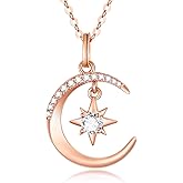 SISGEM 14k Rose Gold Moon Necklace for Women, Real Gold Moon and North Star Pendant with Chain, Jewelry Gifts for Her, 16+1+1 Inch
