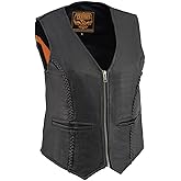 Milwaukee Leather MLL4550 Women's Black Premium Leather Classic Braided Deep V-Neck Motorcycle Rider Vest W/Front Zip
