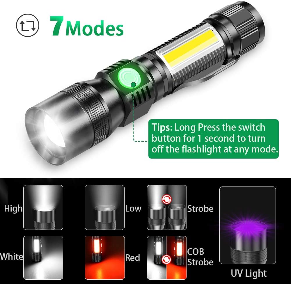 Bright Flashlight (Battery Included), UV Flashlights LED Rechargeable, Magnetic Flashlight, High Lumen, 7 Modes, Waterproof Mini Black Light Flashlight for Camping Pet Urine Detection Emergency 2pack - - 
