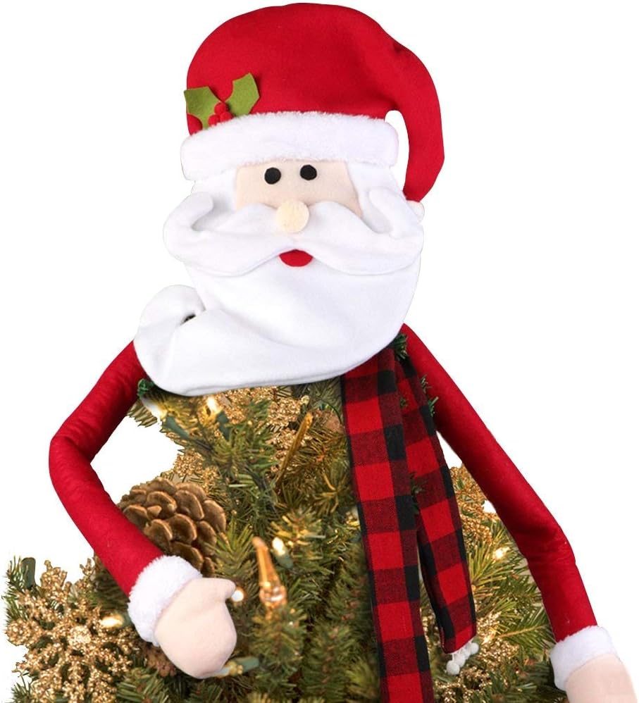Tree Toppers - Large Christmas Tree Topper Hat Santa Claus with Buffalo Plaid Scarf for Holiday, Xmas Trees Ornament Christmas Decorations Party Supplies