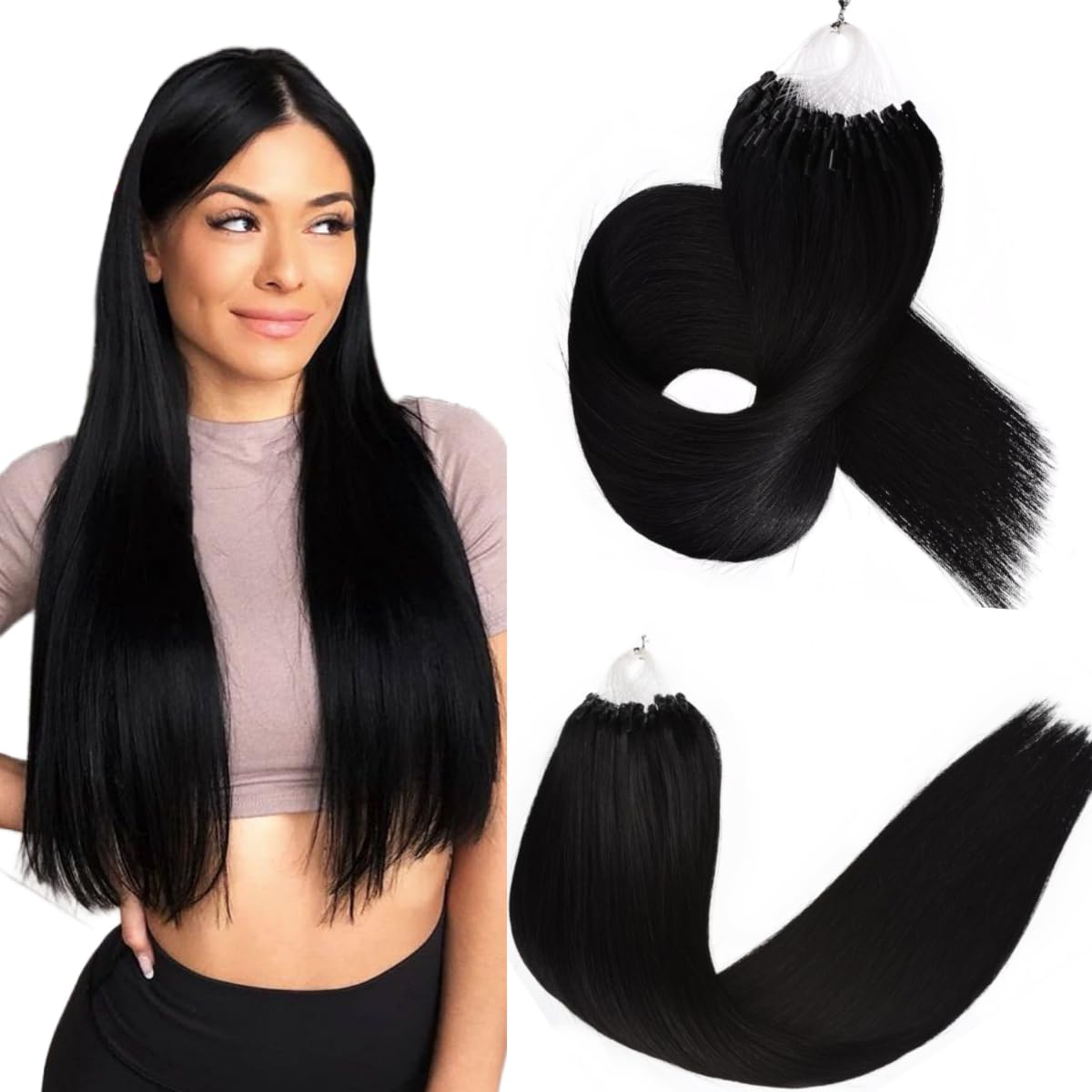 kun na Hair Loop Hair Extensions Real Human Hair 1g/Strand 50s/Pack Silky Straight Virgin Pre-Blonded Micro Beads Hair Extensions Micro Rings-16 inch - #1 Jet Black