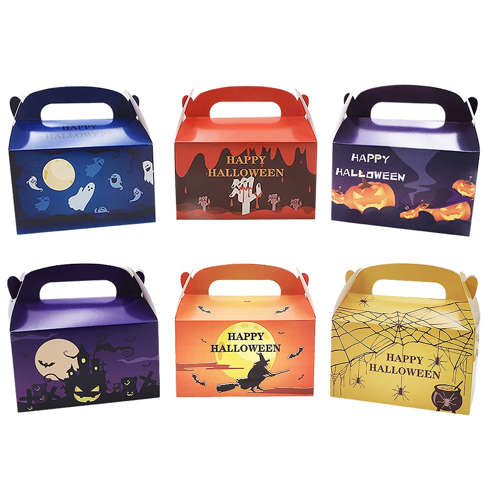 Halloween Portable Paper Party Treat Boxes with Handle，12 pcs 6 Style Empty Favor Candy Sweet Case,Biscuit Cookie Cake Gift Boxes for Kids Halloween Party Gift Giving Wedding Birthday Decoration