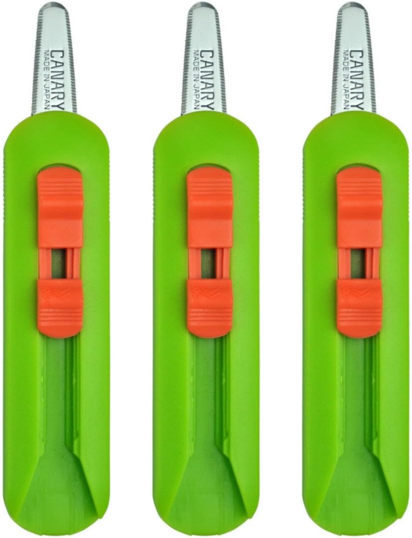 Canary Japanese Cardboard Cutter BUTSURYUKUN Double Sided Blade Stainless Steel Blade with Storing Function Green Grip, 3 Value Set