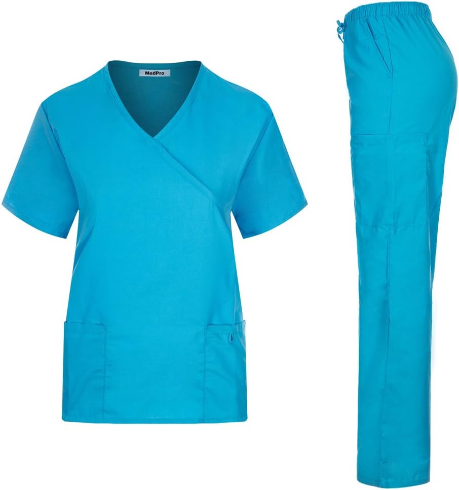 Women's Solid Medical Scrub Set Mock Wrap Top and Cargo Pants Turquoise XL