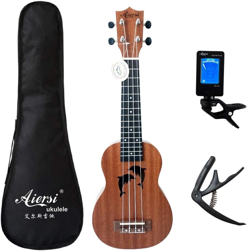 Molioon brand 21 inch ukelele mahogany Soprano gecko ukulele musical instrument guitar (Dolphin Full set)