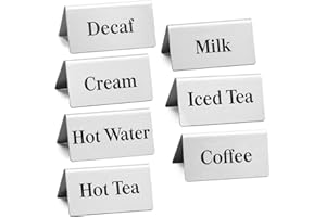 VELATYVIO 7 Pcs Stainless steel coffee beverage table tent signs Double sided metal tea sign for Cafe Coffee bar Party Buffet Restaurant Indoor Outdoor Table Display Signs 2.95 x 1.57Inch