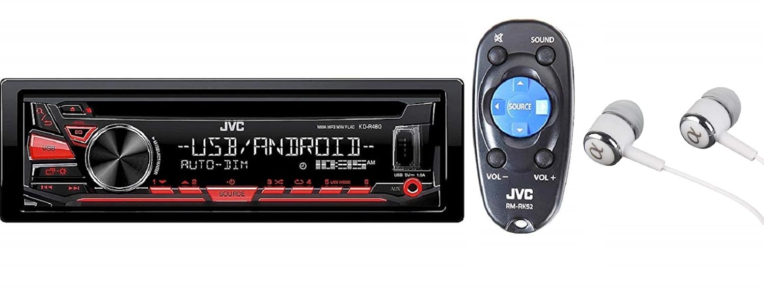 JVC KD-R480 Single DIN In-Dash CD AM/FM w/Android/iPod/iPhone, Front Auxiliary & USB Inputs Car Stereo Receiver, Remote Control and Detachable Faceplate / Free ALPHASONIK EARBUDS