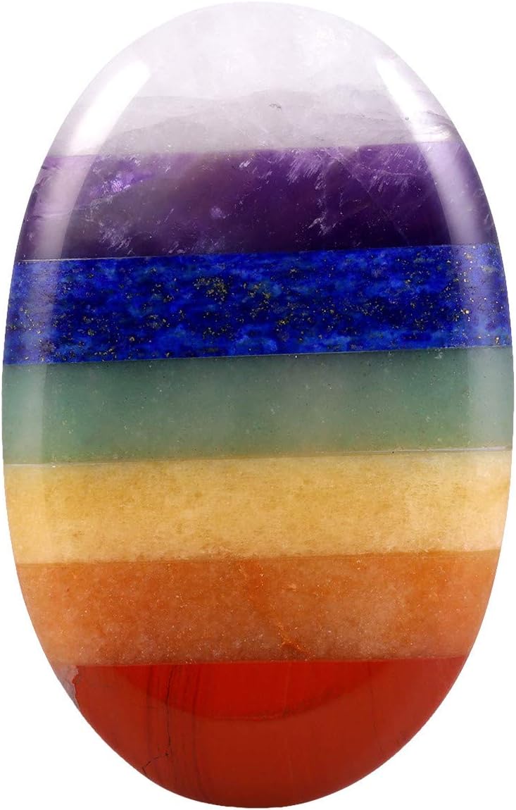 mookaitedecor 2.55"/6.5cm 7 Chakra Natural Thumb Worry Stone for Anxiety Crystal Healing Massage Oval Shape Polished Pocket Palm Stone for Reiki Balancing Yoga Meditation