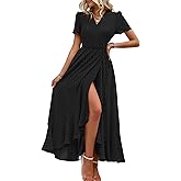 PRETTYGARDEN Women's Boho Floral Maxi Dress Summer Short Sleeve Wrap V Neck Long Flowy Beach Vacation Wedding Guest Dresses