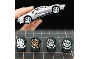 WAVEIST 1/64 Wheels and tires for Upgraded Mainline Cast Model Car,Diameter is 0.39In,Thick-Five Axles, 4 Sets/Pack, ABS wheels with Rubber Tires Rivet Shaft with Brake Pads (Series Y(4 sets))