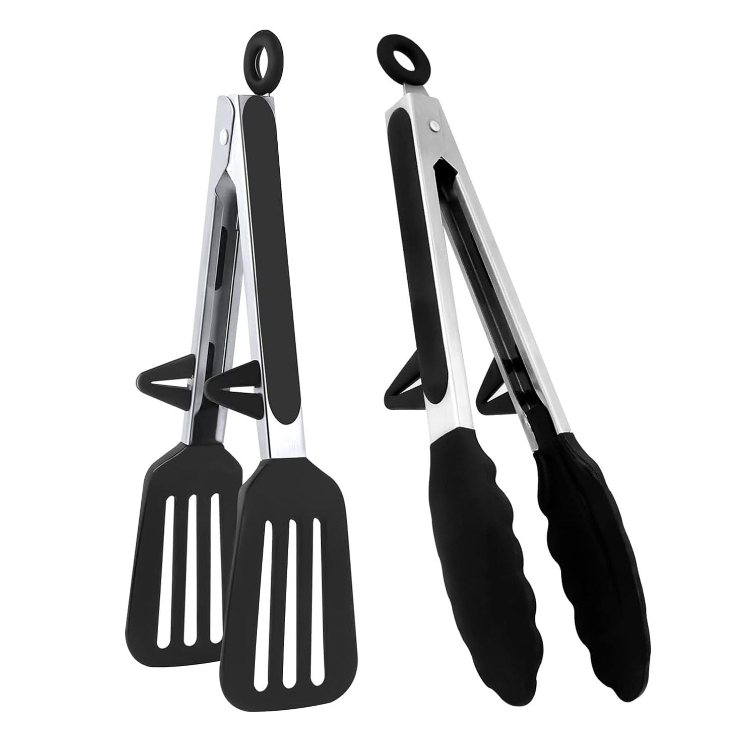 2 Pcs Kitchen Tongs Silicone with Resting Gadget, Stainless Steel Non-Slip Handle for Baking, Frying, Steak, Serving, Buffet, Barbecue, Pizza, Salad (9 inch)