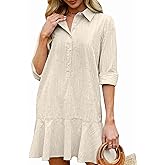 YEXPINE Women‘s Tunic Shirt Mini Dress Long Sleeve Cotton Short Dress Button Up Ruffle Hem Shift Dresses
