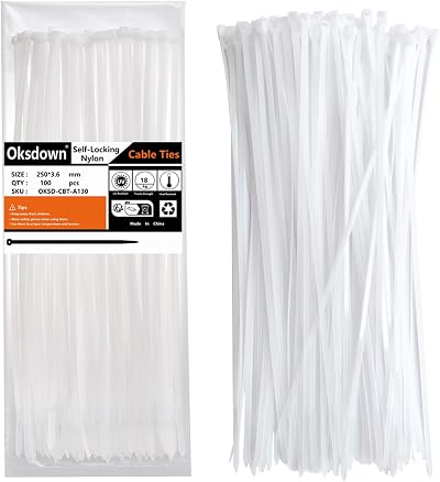 Oksdown 100 Pack White Cable Ties 250mm 3.6mm Nylon Self Locking