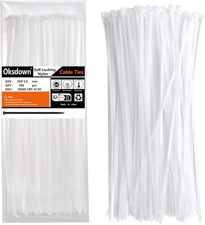 Oksdown 100 Pack White Cable Ties 250mm 3.6mm Nylon Self Locking