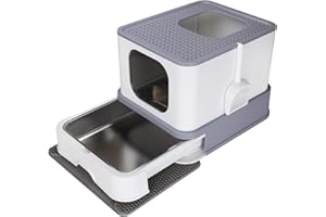 RIZZARI Stainless Steel Cat Box: Enclosed Design with High Walls - Light Gray - Teflon Non-Stick Coating - Large Anti Leakage Litter Pan for Odor Control for Living Room Garage