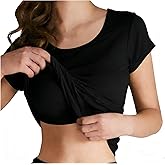 Womens Short Sleeve Shirts with Built in Bra Summer Basic T-Shirts Workout Yoga Tops Athletic Shelf Bra Tops Padded