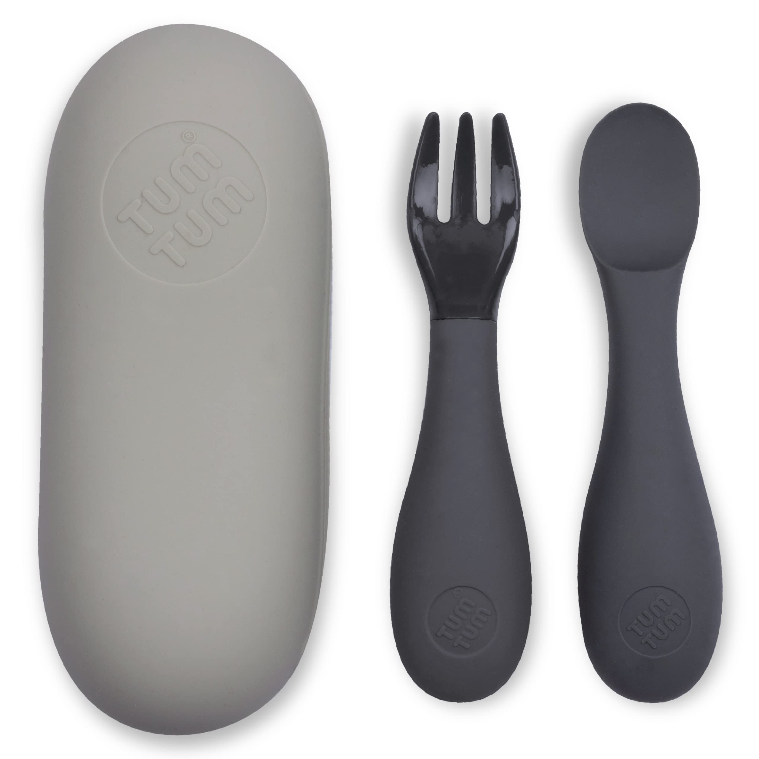 TUM TUM Silicone Baby Cutlery with Travel Case - Baby Spoon & Fork Set - Designed with Feeding Specialist - Baby Led Weaning Utensils - Dishwasher, Steriliser Friendly - BPA Free - 6m+, Grey