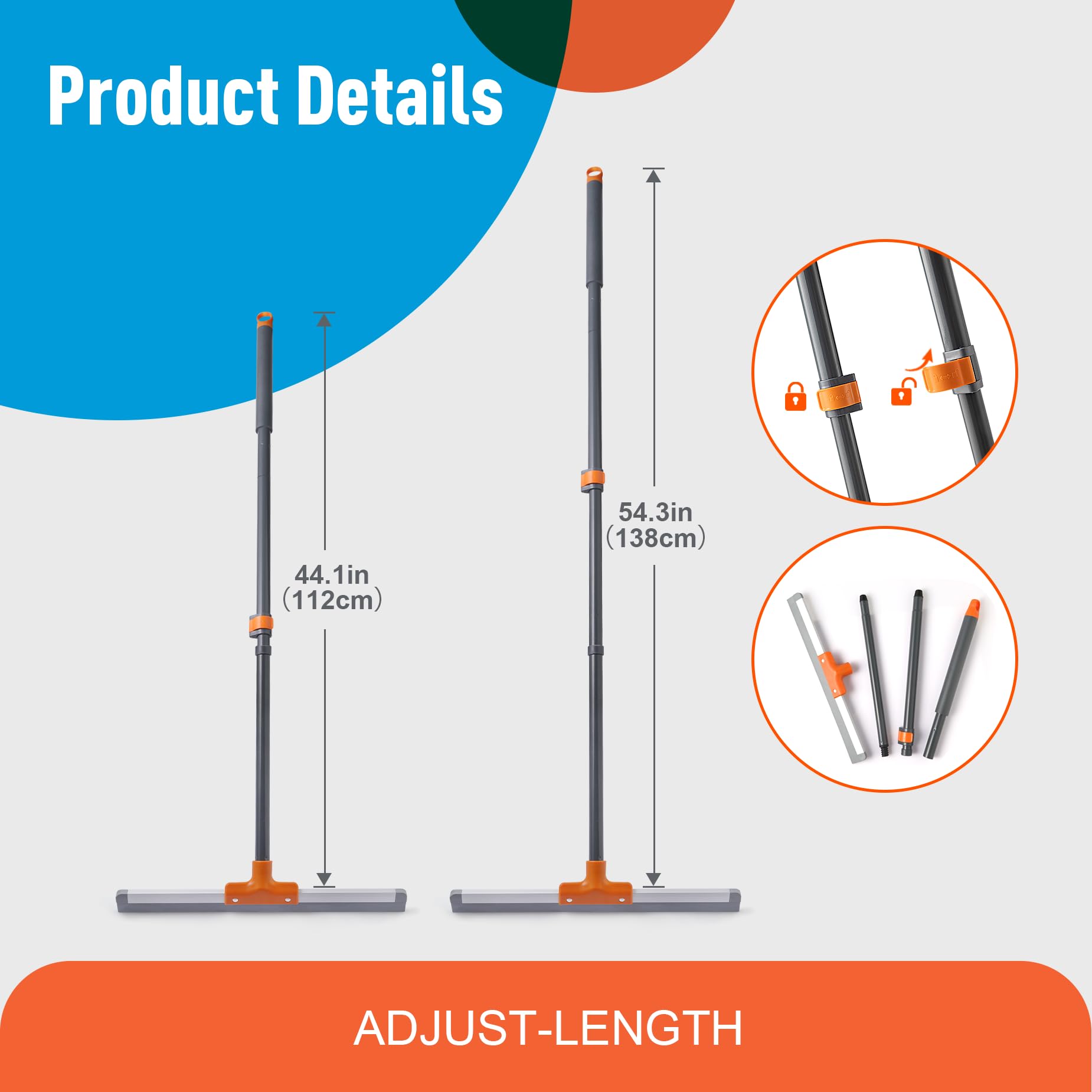 Rubber Floor Squeegee for Concrete Floor, Tile Floor, Metal Aluminium Heavy Duty Garage Shower Floor Squeegee Broom for Removing Water, Commercial Scrubber Mop with Extendable Long Handle