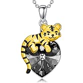 LONAGO Tiger Necklace 925 Sterling Silver Cute Tiger Holding Heart Shaped Crystal Pendant Necklace for Women