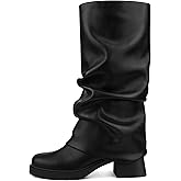 Ziheels Women's Fold Over Boots Slouchy Wide Mid Calf Boots Low Block Heel Tall Boots Square Toe Moto Biker Booties Stacked Pleated Dress Boots