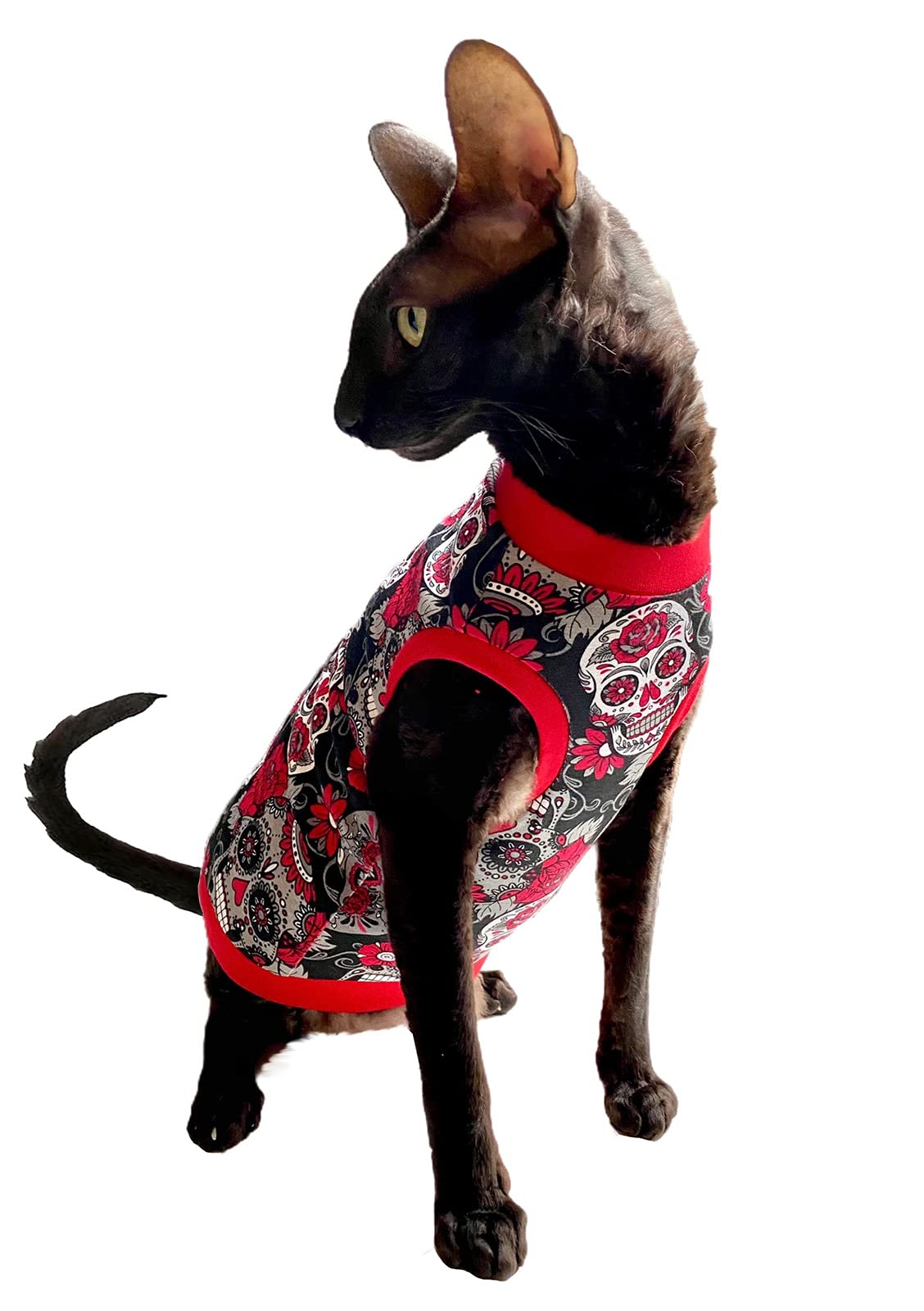 Kotomoda Cat's T-shirt Red Sculls for Sphynx and naked cats (L)